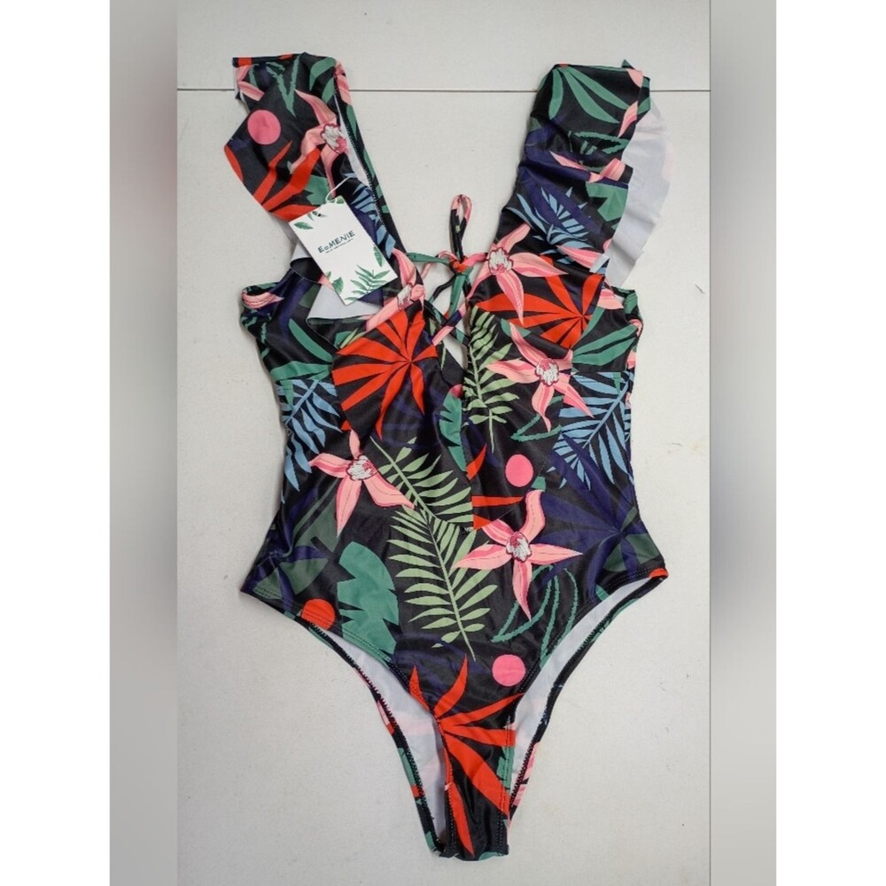 Eomenie Tropical Print One-piece Swimsuit Women's Sz L Padded Criss Cross Front